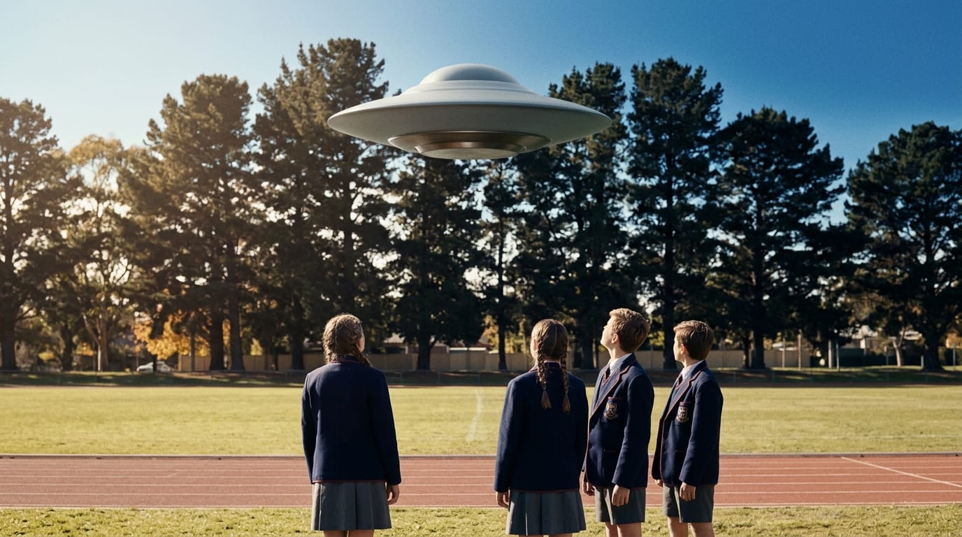 Editorial illustration of a sunny suburban Melbourne school oval in autumn 1966, with a silver dome-topped disc-shaped object hovering low over a row of pine trees in the middle distance, small figures of students in school uniforms watching from the foreground