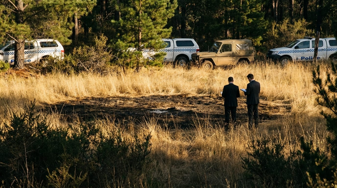 Editorial illustration of a flattened circular patch of scorched grass in a bushland clearing surrounded by pine trees at dusk, with police vehicles parked along the perimeter and men in dark suits inspecting the site